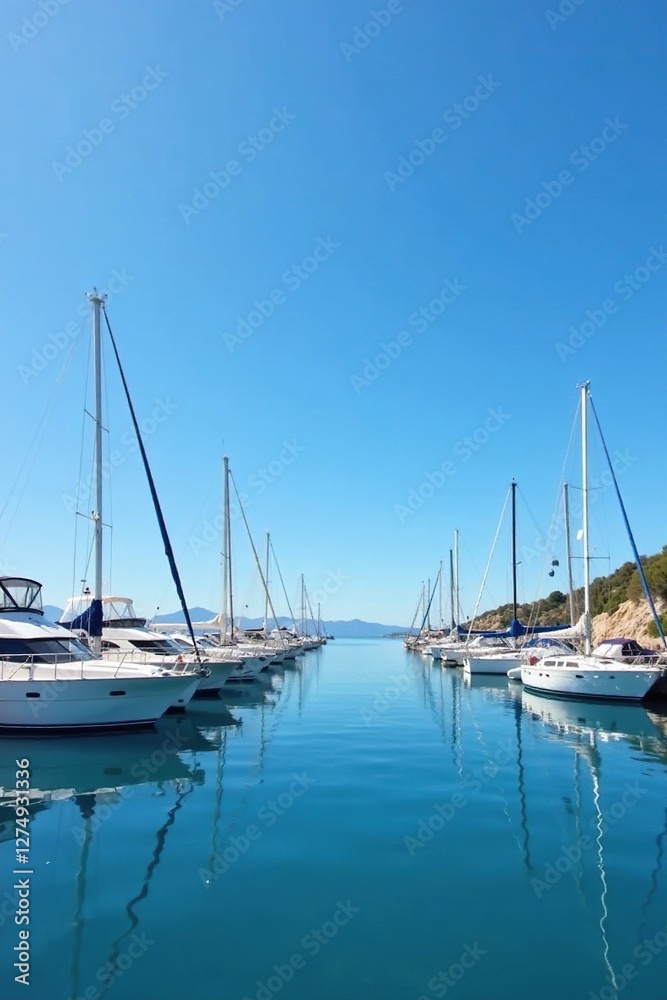 Yachts moored in quiet harbour with clear blue sky above, harbour, stillness Yachts moored in quiet harbour with clear blue sky above, harbour, stillness