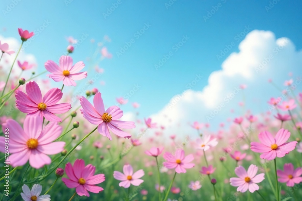Blue sky with pink and white cosmos flowers in full bloom, pink flowers, serene landscape Blue sky with pink and white cosmos flowers in full bloom, pink flowers, serene landscape