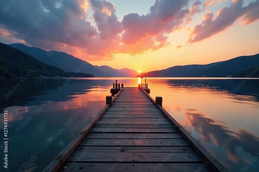 Wooden pier extends into serene lake waters at tranquil sunset, focal, point Wooden pier extends into serene lake waters at tranquil sunset, focal, point