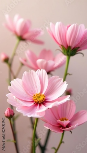 Soft pink flowers against a neutral background, closeup, flowers