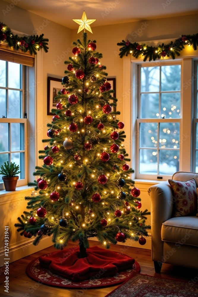 Farmhouse Christmas tree with a warm and inviting glow, lights, garlands, farmhouse Farmhouse Christmas tree with a warm and inviting glow, lights, garlands, farmhouse