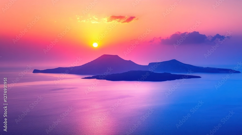 Vibrant Sunset Over Serene Volcanic Islandscape Vibrant Sunset Over Serene Volcanic Islandscape