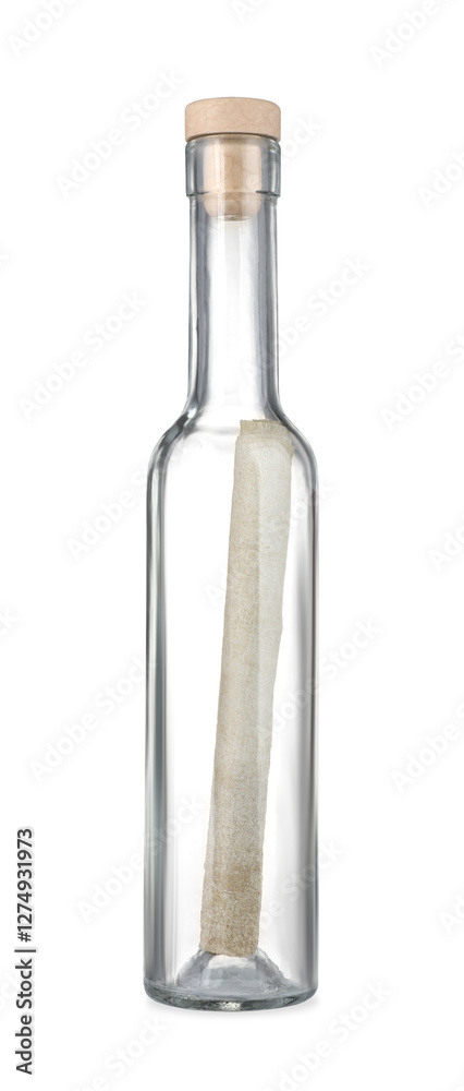 Corked glass bottle with rolled letter isolated on white Corked glass bottle with rolled letter isolated on white