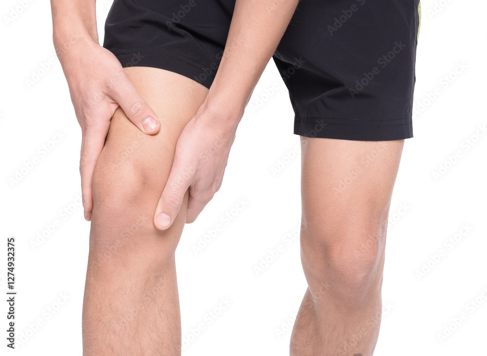 Young man suffering from pain in knee on white background, closeup Young man suffering from pain in knee on white background, closeup