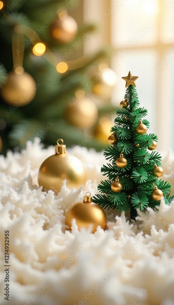 Obraz premium Fluffy surface with a small Christmas tree and golden ornaments, soft, festive, golden