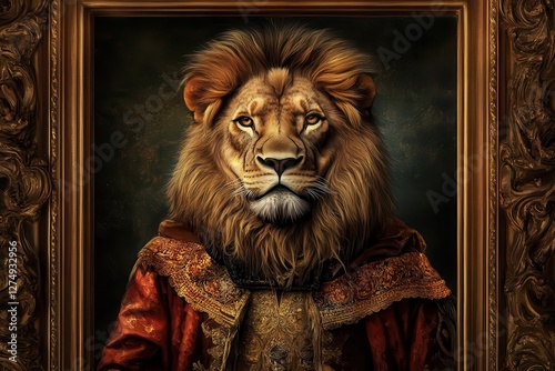 surreal digital painting of a regal lion in victorian attire, ornate gold frame details, rich jewel tones, painterly texture photo