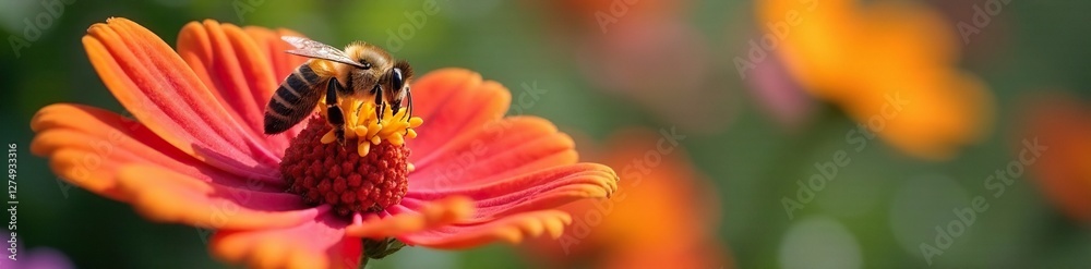 Bee collecting pollen from a colorful flower with intricate details, flowers, garden Bee collecting pollen from a colorful flower with intricate details, flowers, garden