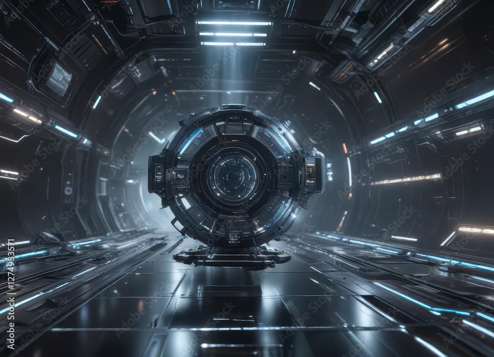 Fototapeta premium Futuristic space station with holographic display floating in mid-air , sci-fi, lights, neon