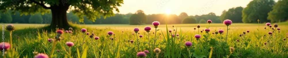 Obraz premium Field of Silybum marianum with milk thistle plants growing in the shadow of a tree, countryside, fields, wildflowers