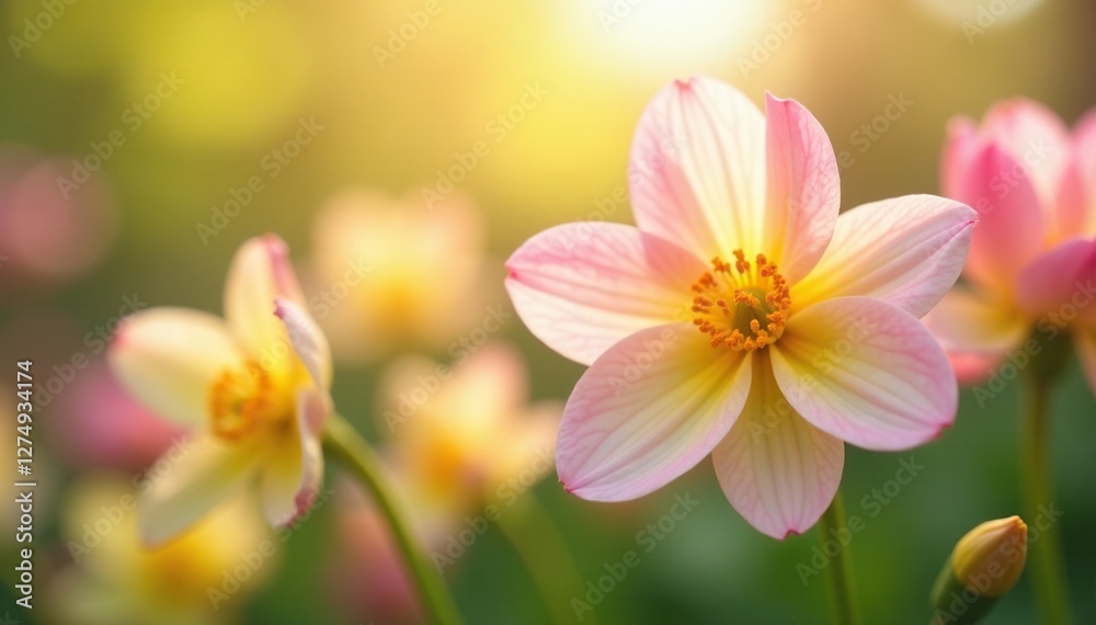 Soft petals of yellow and pink flowers gently sway in the breeze, floral, blooming, spring Soft petals of yellow and pink flowers gently sway in the breeze, floral, blooming, spring
