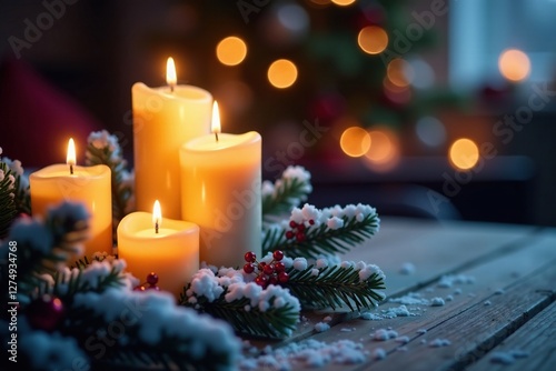 Soft candlelight illuminates snow-covered fir branches, cozy, Christmas decor, warm ambiance