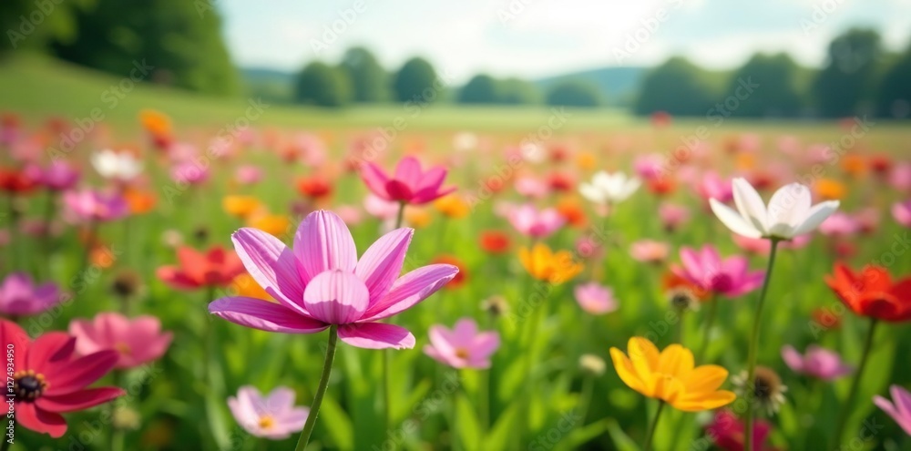 Obraz premium Field of Distelblume Lila wiesenblume in full bloom, meadow, flowers in field, field of flowers