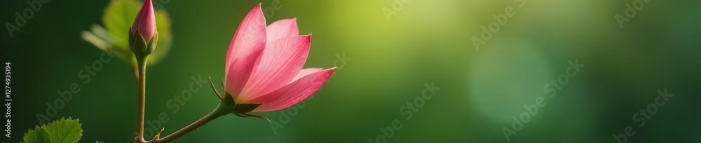 Delicate pink petals unfolding from a slender green branch, botanical, branches, trees Delicate pink petals unfolding from a slender green branch, botanical, branches, trees