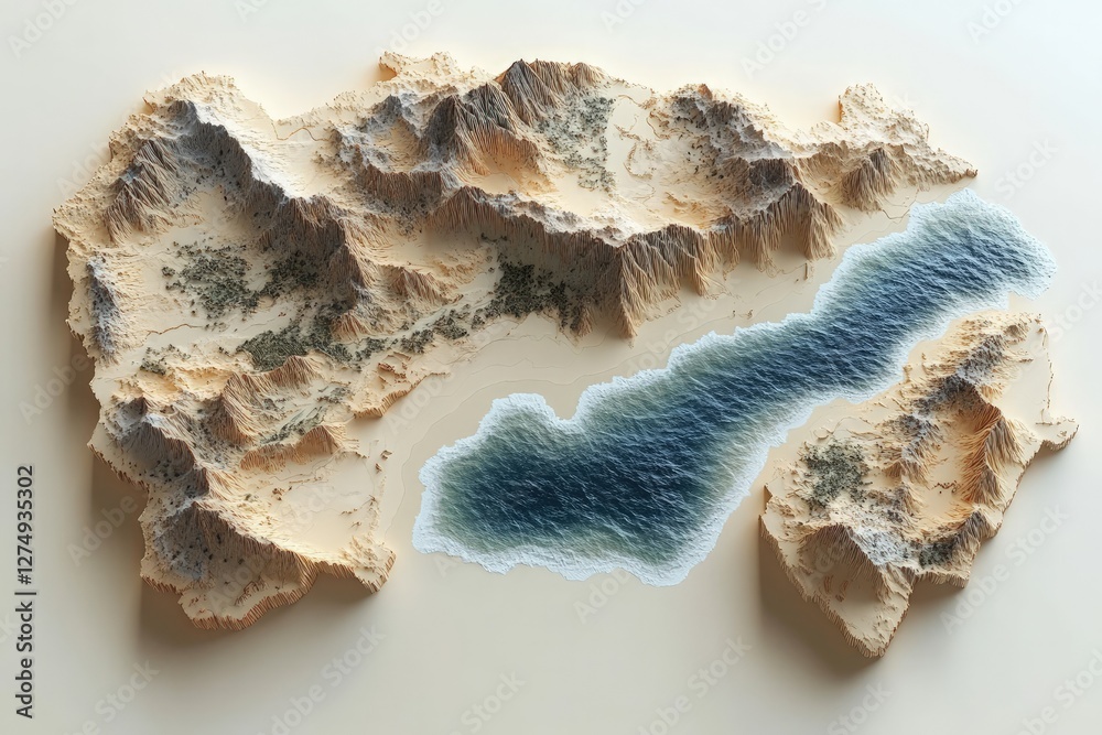 Detailed topographic model of a mountainous landscape with a serene lake and surrounding terrain Detailed topographic model of a mountainous landscape with a serene lake and surrounding terrain
