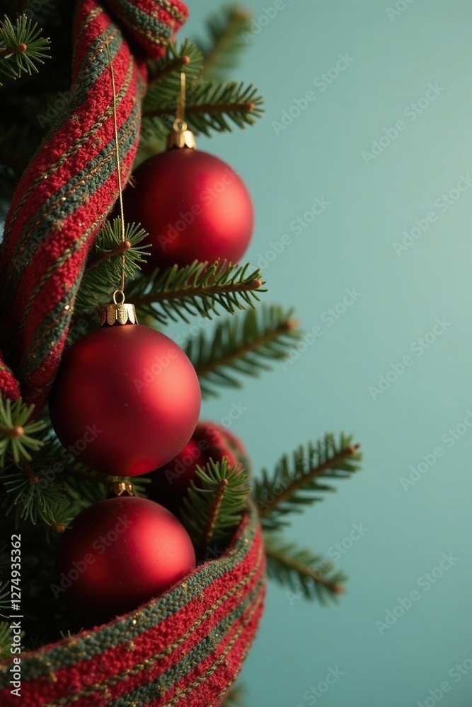 Red Christmas balls wrapped in a colorful scarf draped over a fir tree branch, presents, red balls, Christmas ornaments Red Christmas balls wrapped in a colorful scarf draped over a fir tree branch, presents, red balls, Christmas ornaments