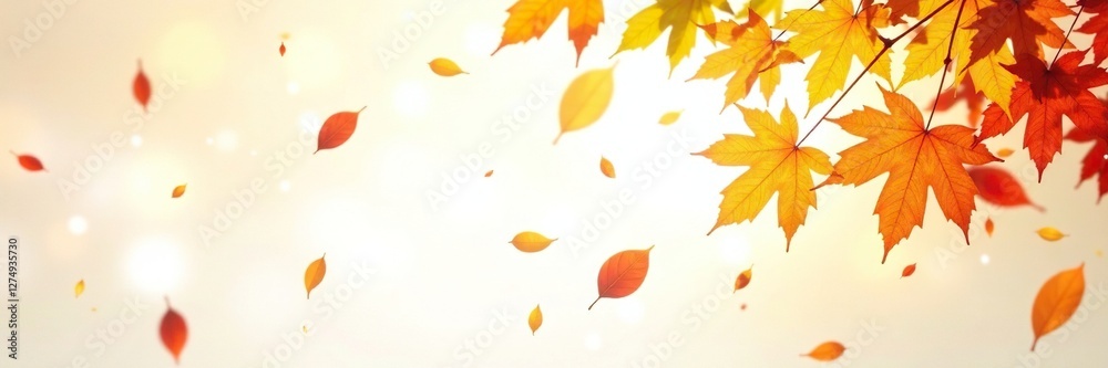 Falling autumn leaves on white background with sun, yellow, orange, maple Falling autumn leaves on white background with sun, yellow, orange, maple