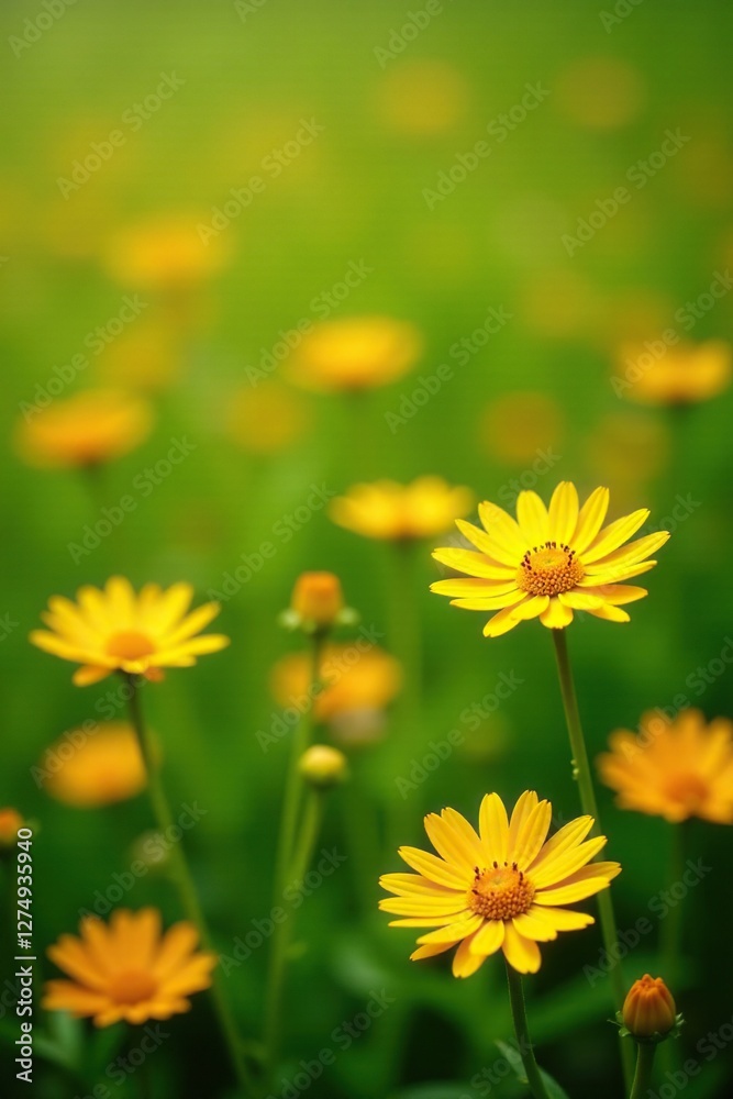 Soft petals of bright yellow daisies in a lush green field, orange flowers, spring Soft petals of bright yellow daisies in a lush green field, orange flowers, spring