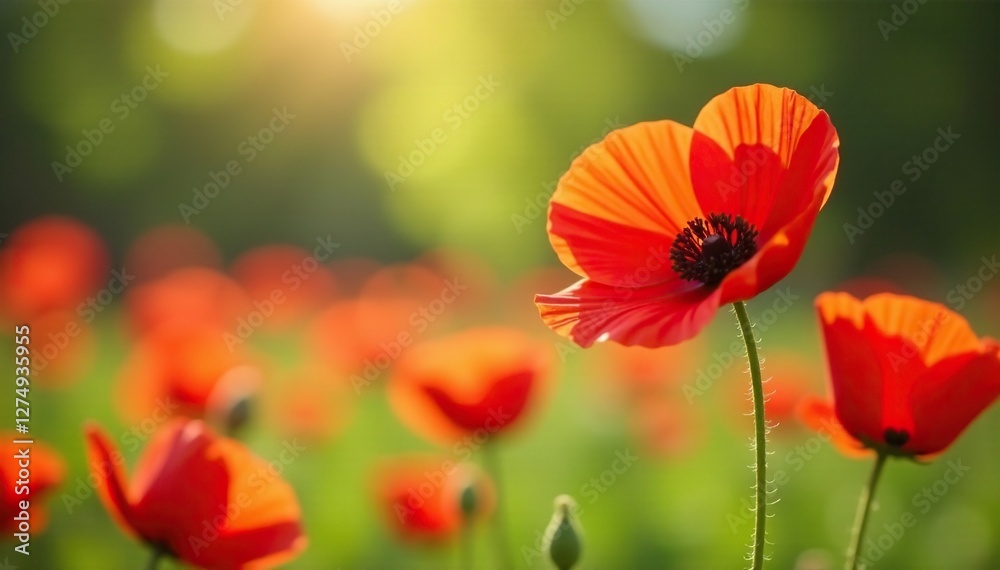 Soft petals of red poppies sway in spring breeze, spring, sunlight
