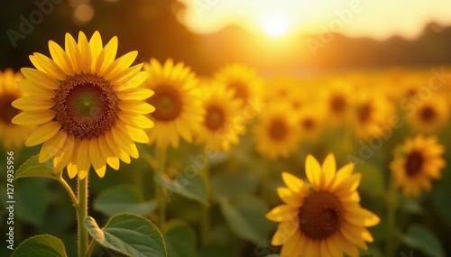 Sunflowers in the morning light with warm tones, autumn, crop, field