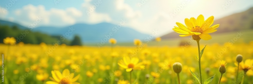 Fototapeta premium Soft petals of yellow wildflowers swaying gently in wind, open landscape, sunshine
