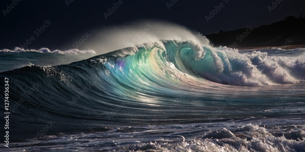Beautiful ocean wave curling at sunset with vibrant colors reflecting on the water