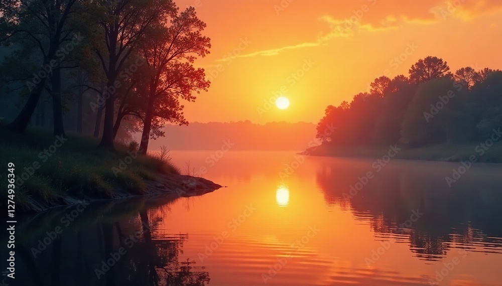 Soft orange hues of sunset fade behind riverbank trees, sunset, serene Soft orange hues of sunset fade behind riverbank trees, sunset, serene