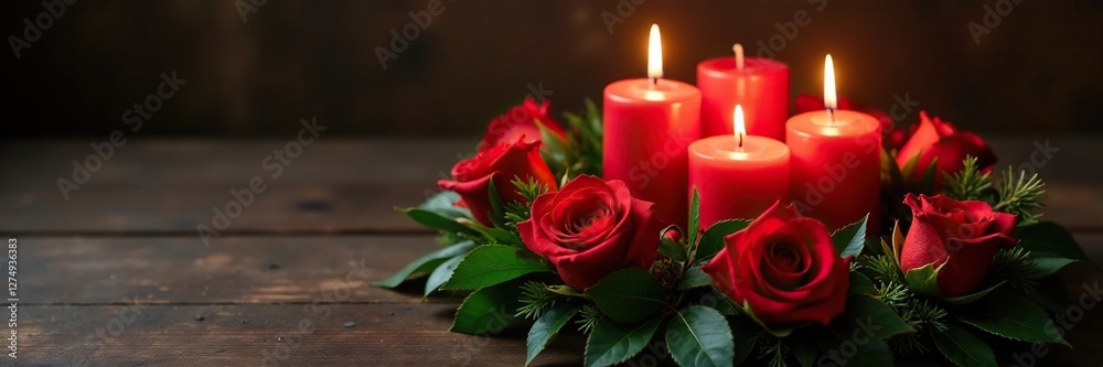 Wreath of red roses and holly with four candles, flowers, red roses Wreath of red roses and holly with four candles, flowers, red roses