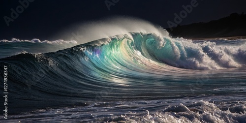 Obraz na płótnie Beautiful ocean wave curling at sunset with vibrant colors reflecting on the water w salonie