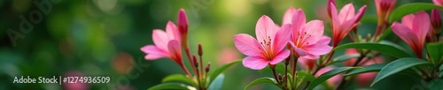 Delicate pink flowers of Alstroemeria in a lush bush amidst foliage, pink, bush