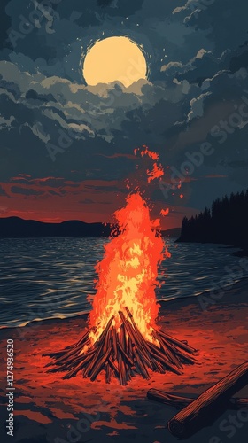 Campfire burning brightly on a beach beneath a full moon