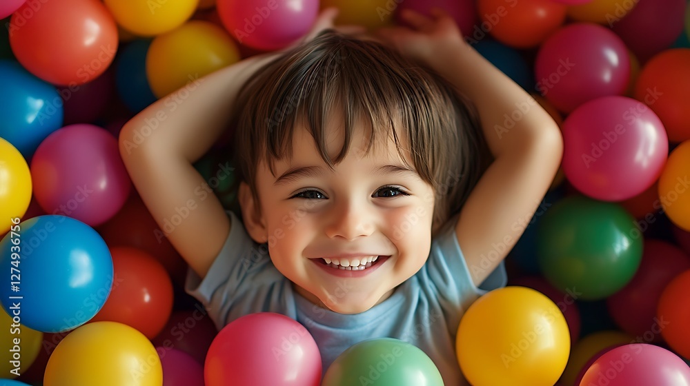 Obraz premium Smiling Child Lying in Colorful Ball Pit Having Fun at Playtime