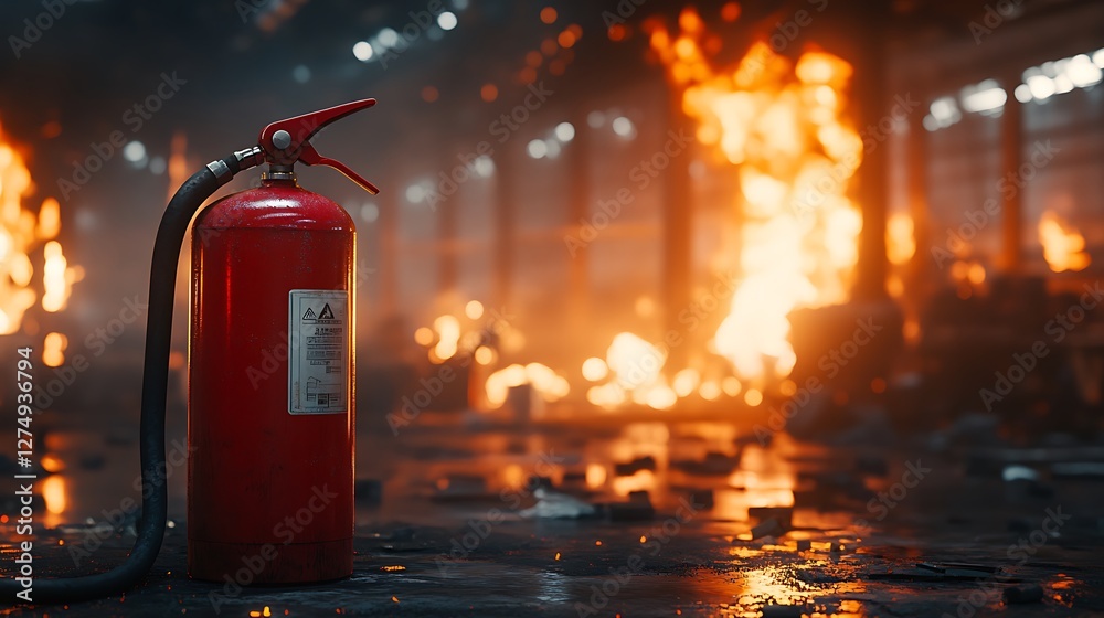 Red Fire Extinguisher in Warehouse with Fire Emergency Safety Concept Red Fire Extinguisher in Warehouse with Fire Emergency Safety Concept
