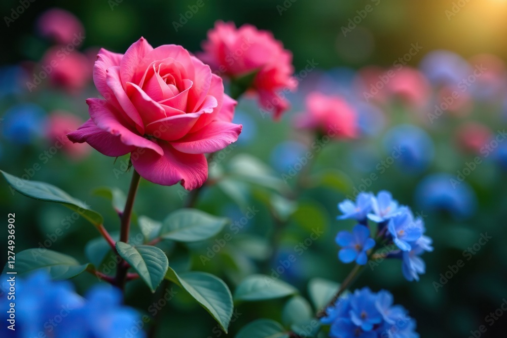 Blooming rose bush in a flower bed with blue flowers, blue, plants Blooming rose bush in a flower bed with blue flowers, blue, plants