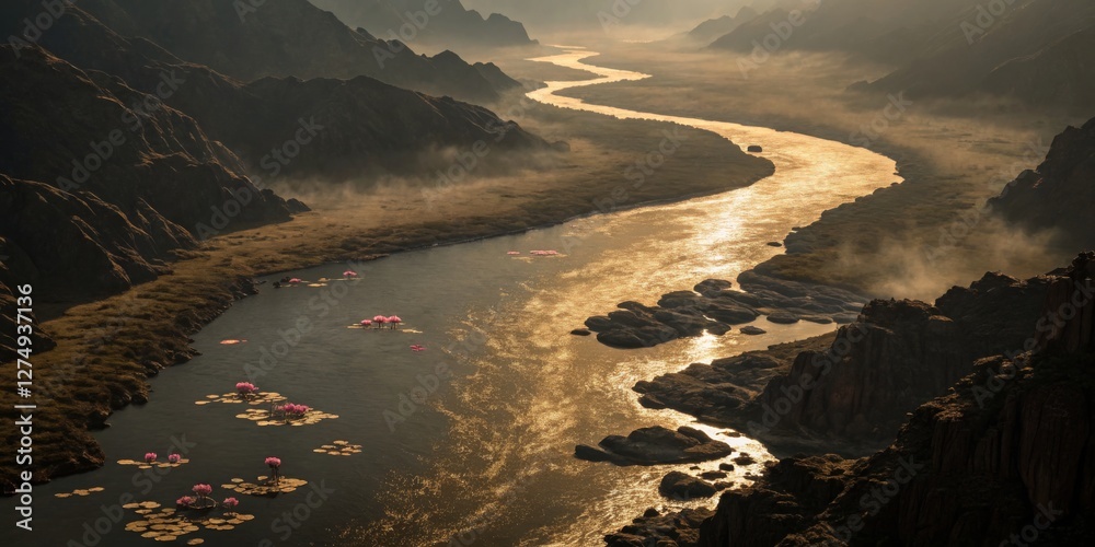 Beautiful river reflecting sunlight, surrounded by mountains and water lilies at dusk