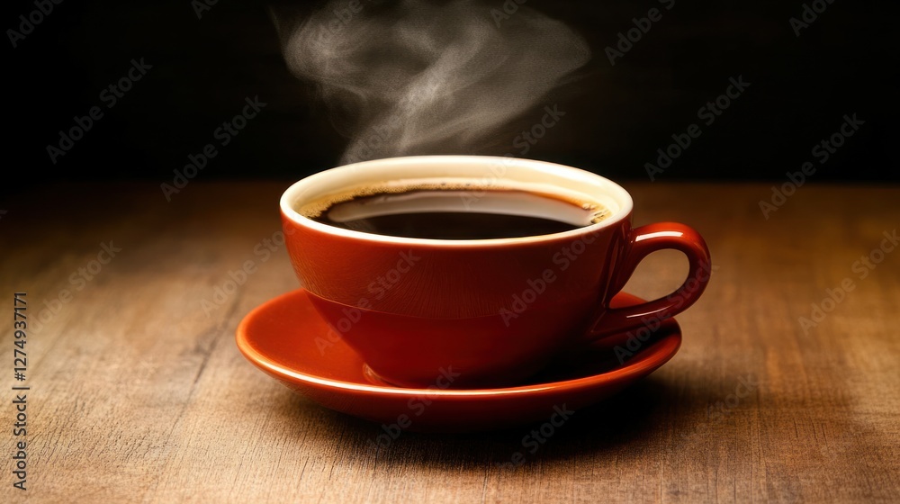 Steaming coffee cup on wood table, dark background; perfect for cafe menus Steaming coffee cup on wood table, dark background; perfect for cafe menus