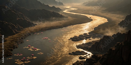 Obraz na płótnie Beautiful river reflecting sunlight, surrounded by mountains and water lilies at dusk w salonie