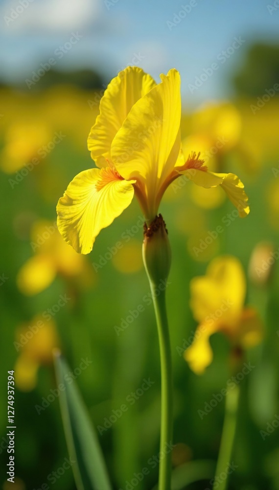 Fototapeta premium Field of Canna Glauca in full bloom with yellow petals and orange spots, petal, field