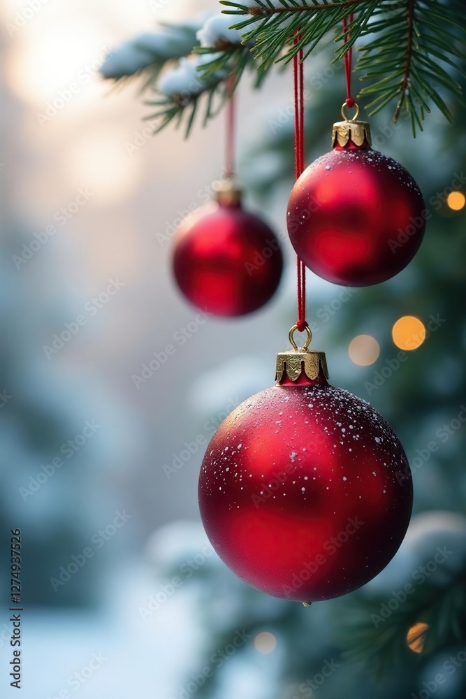 Red globe ornaments hanging from fir branch against snowy backdrop, globe, festive Red globe ornaments hanging from fir branch against snowy backdrop, globe, festive