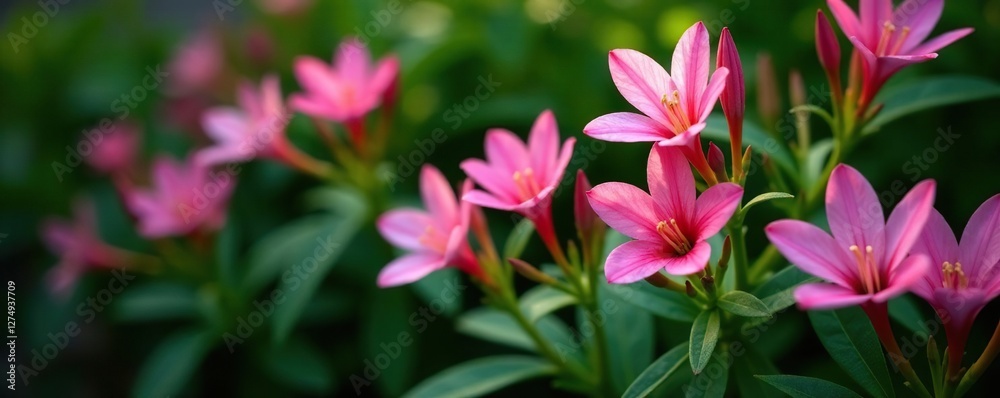Delicate pink blooms of Alstroemeria in a lush bush on dark green foliage, floral, garden Delicate pink blooms of Alstroemeria in a lush bush on dark green foliage, floral, garden
