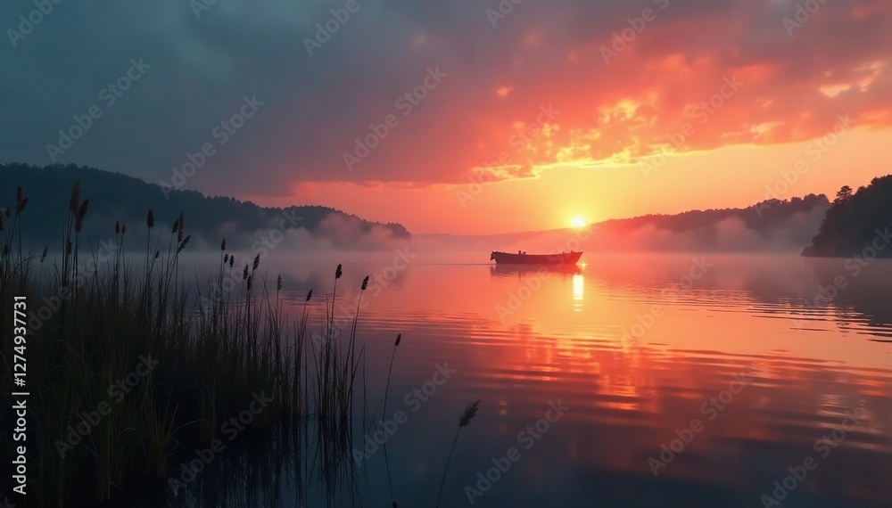 Obraz premium Dark waters of Blackstone Bay with a sleek black boat on the horizon, gently swaying reeds, misty atmosphere, sunset