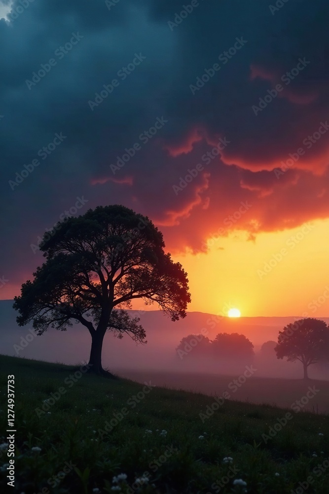 Dark storm clouds gather above a lone tree as sunset approaches, foggy, sky, trees Dark storm clouds gather above a lone tree as sunset approaches, foggy, sky, trees
