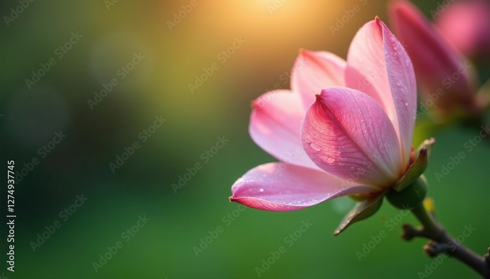 Fototapeta premium Delicate pink petals unfolding in morning dew, tree, greenery, flowers