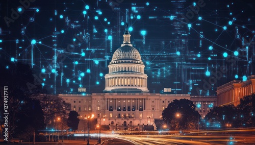 Wallpaper Mural Illuminated capitol building with digital network overlay showcasing connected government technology Torontodigital.ca