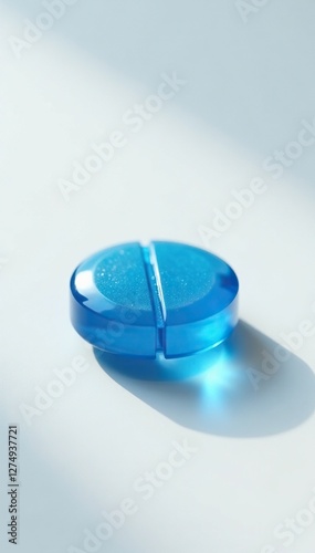 Blue pill on white surface with slight shimmer, glassy finish, white surface, simplicity