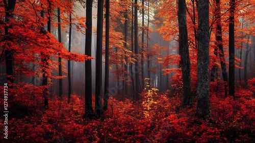 colorful autumn forest with red and orange leaves