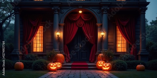 Dark velvet drapes adorn a lavish mansion facade with glowing jack-o-lanterns, grandeur, halloween decor, darkness