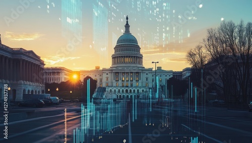 Wallpaper Mural United states capitol building with digital data overlay during a glowing sunset landscape scenery Torontodigital.ca