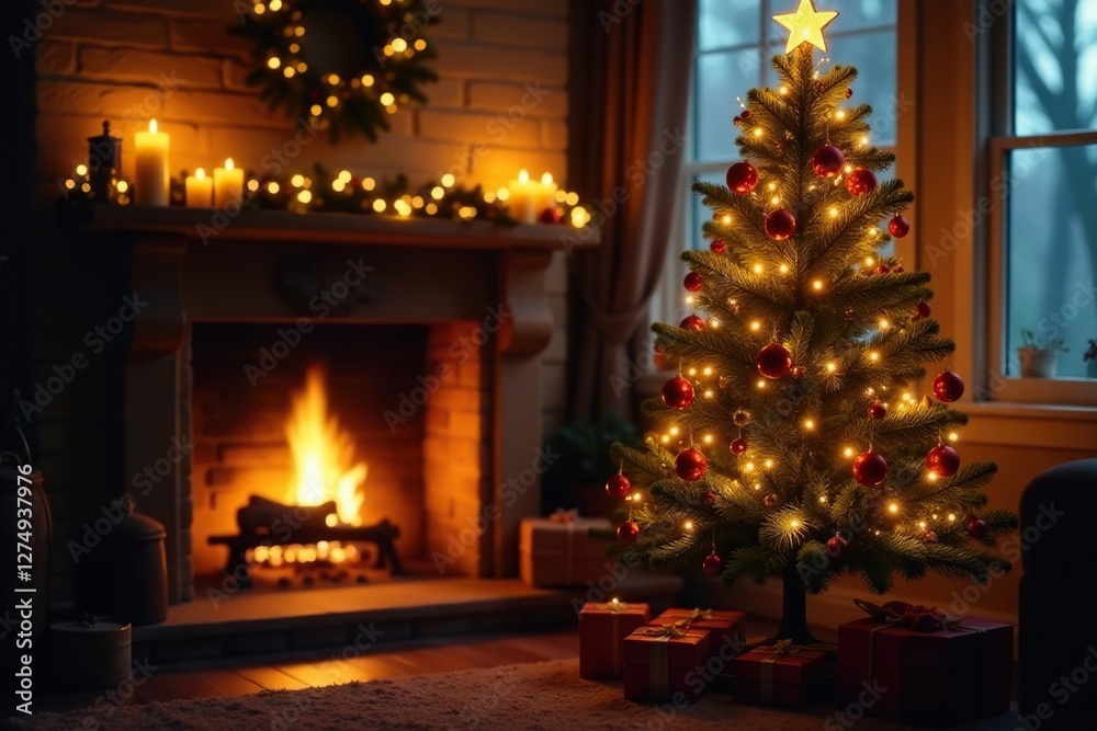 Soft candlelight illuminates a Christmas tree, fireplace, golden Soft candlelight illuminates a Christmas tree, fireplace, golden