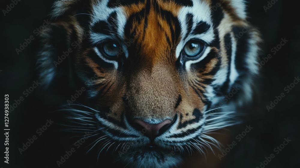 Fototapeta premium Tiger portrait, night, wildlife, closeup, dark background, nature documentary