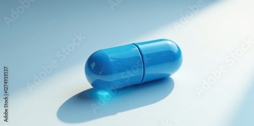 Blue pill on white surface with slight shimmer, blue pill, simplicity